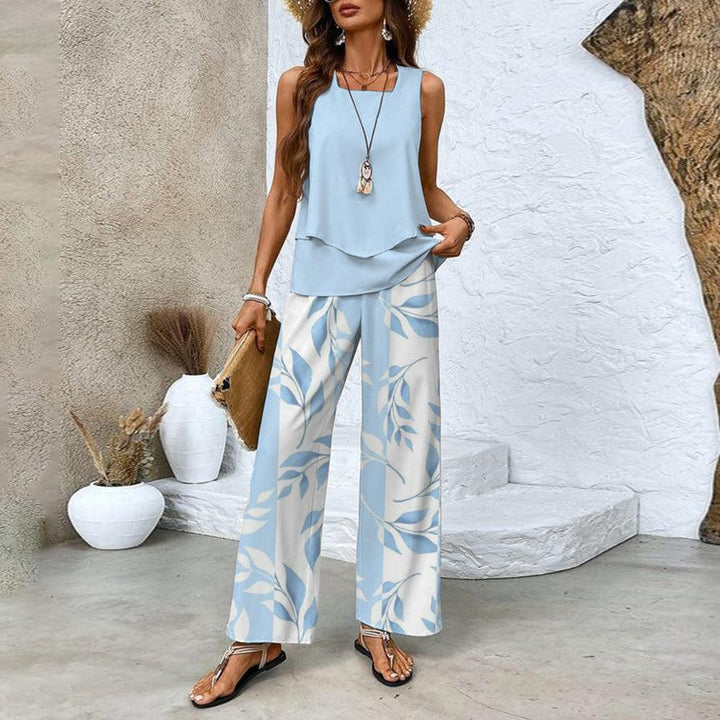 Ella | Blau Zweiteiliges Set mit Blumendruck und quadratischem Ausschnitt