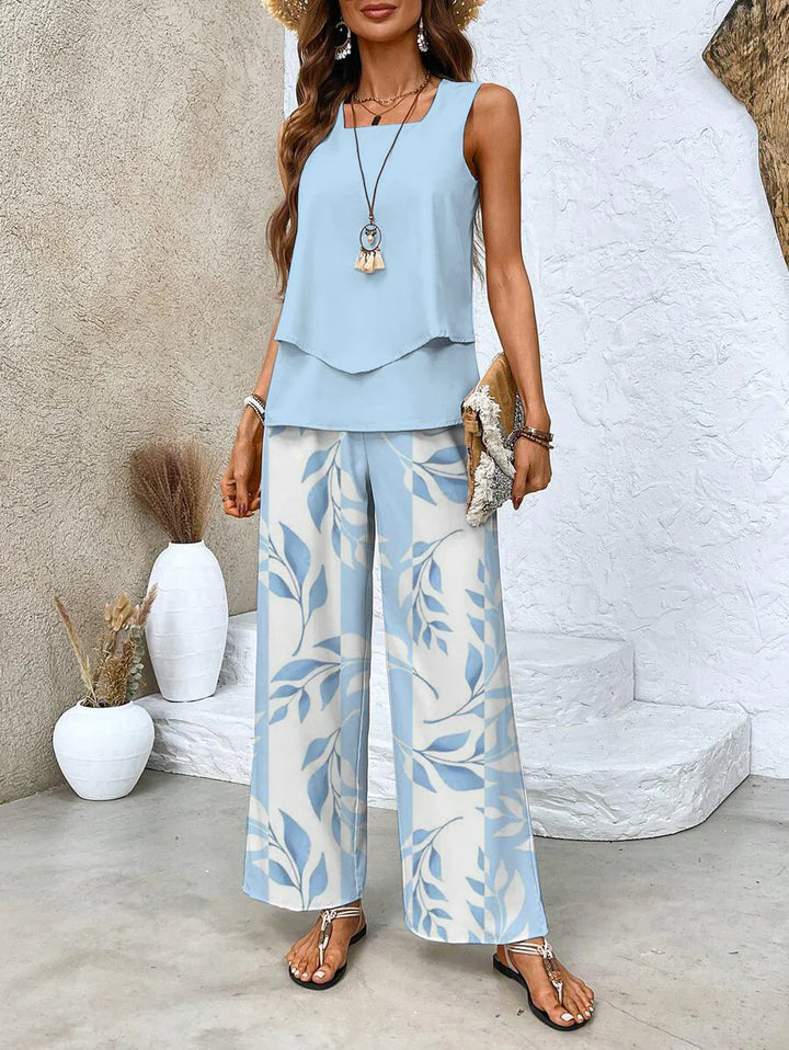Ella | Blau Zweiteiliges Set mit Blumendruck und quadratischem Ausschnitt