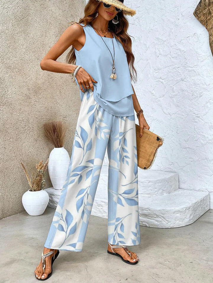 Ella | Blau Zweiteiliges Set mit Blumendruck und quadratischem Ausschnitt