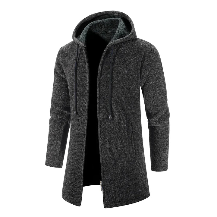 Alex | Stylischer langer Cardigan aus Wollmischung mit Kapuze